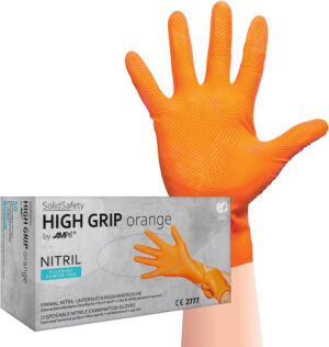 Vienkartinės itin tvirtos nitrilo pirštinės be pudros SolidSafety High Grip, oranžinės
