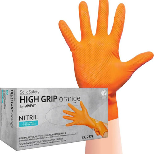 Vienkartinės itin tvirtos nitrilo pirštinės be pudros SolidSafety High Grip, oranžinės