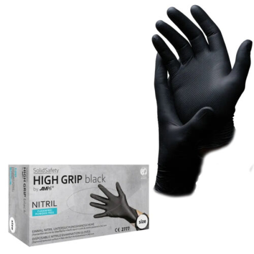Vienkartinės itin tvirtos nitrilo pirštinės be pudros SolidSafety High Grip, juodos